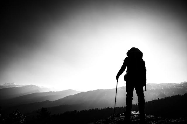 A person hiking using a stick looking out over mountains