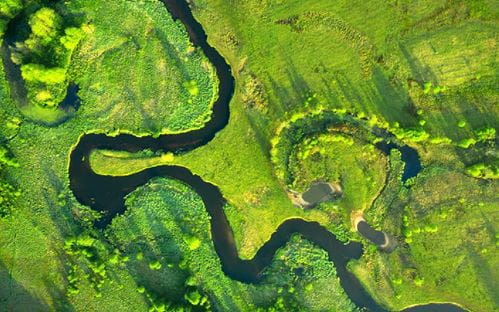 Aerial view of a river flowing through green terrain