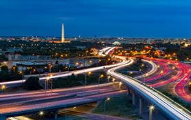 Washington D.C. skyline with highways and monuments