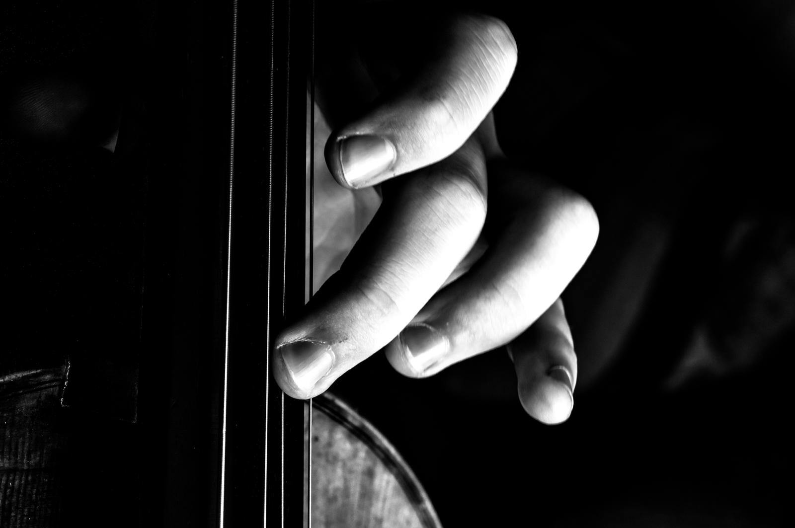 Fingers plucking strings on a musical instrument