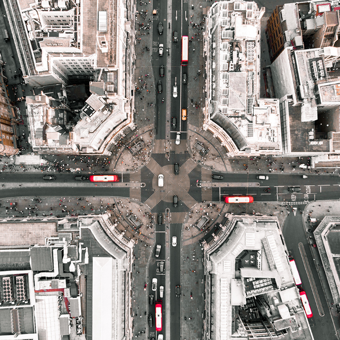 Bird's eye view of a busy road intersection
