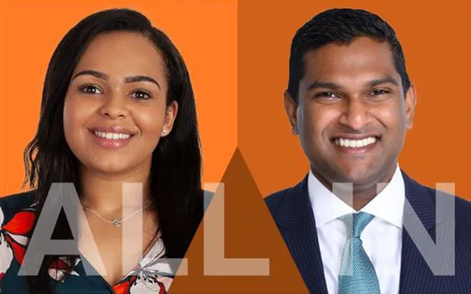 Headshots of two people smiling against an orange background with the text 'All in' written at the bottom