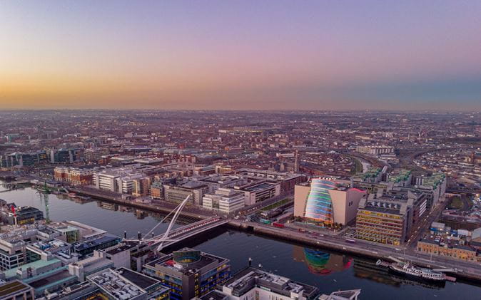 Aerial view of Dublin city centre at dusk
