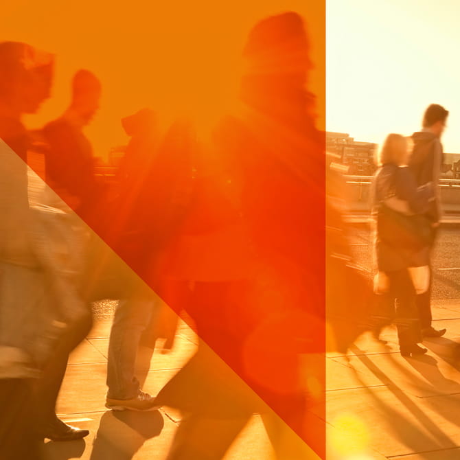 Graphic of people walking along a street with an opaque orange overlay