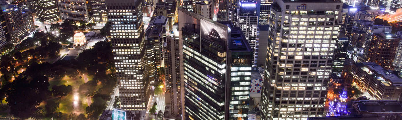 A modern city skyline at night