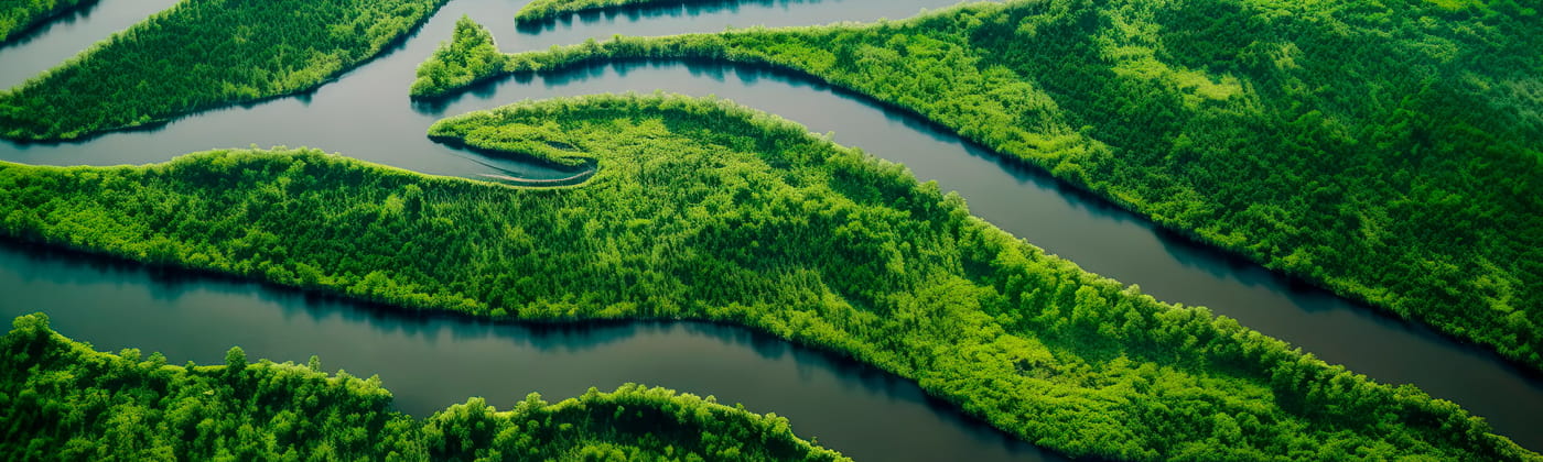 Rivers flowing through green trees