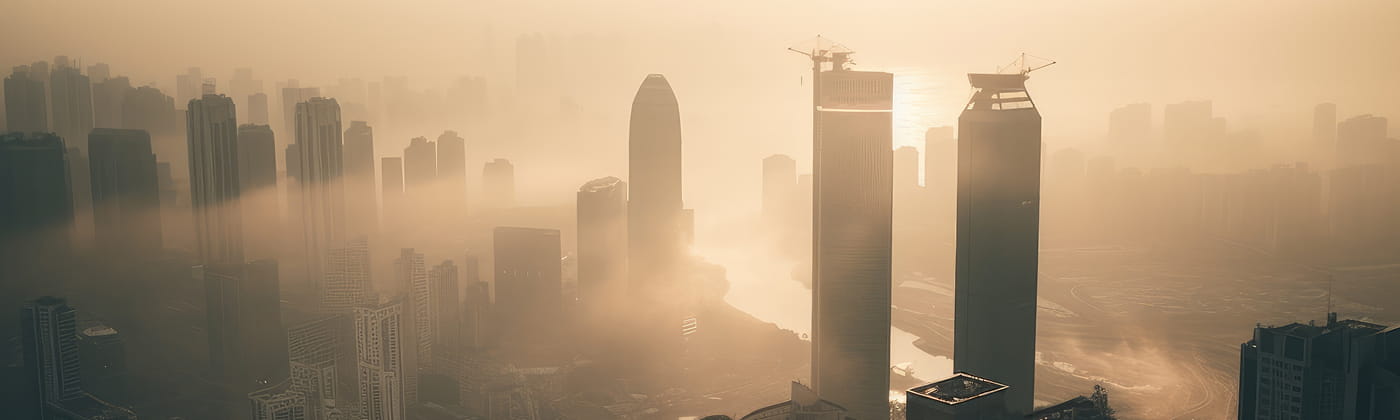 A foggy city skyline