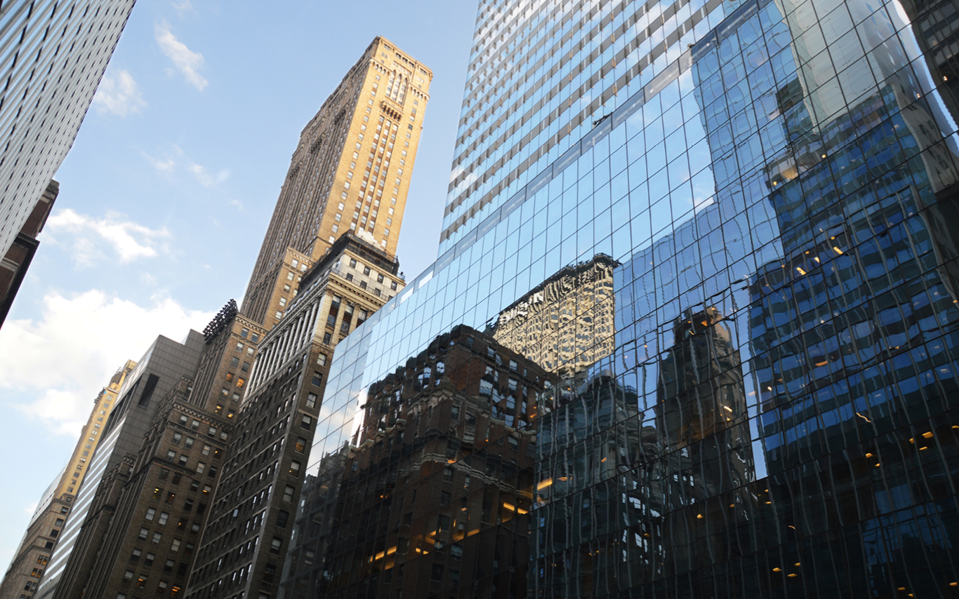 Glass building, city, reflections