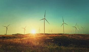 A wind farm against a blue sky