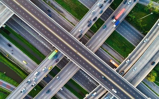 Aerial view of a very busy road intersection