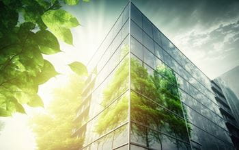 glass office building surrounded by green trees