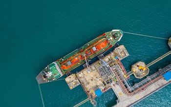 Aerial view of a tanker ship at sea