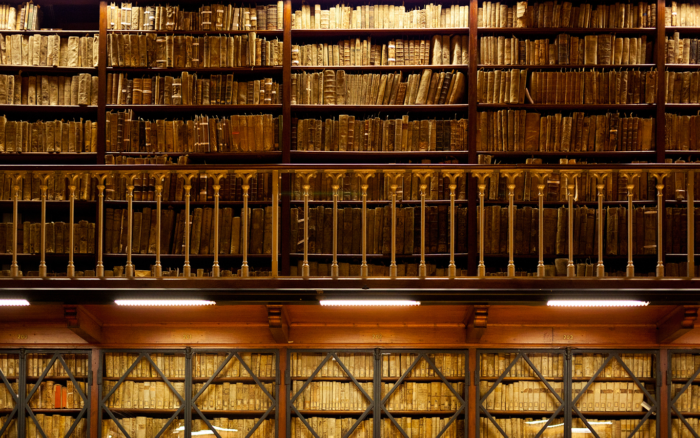 Bookshelves in a library