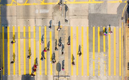 Aerial view of a number of people walking across a zebra crossing