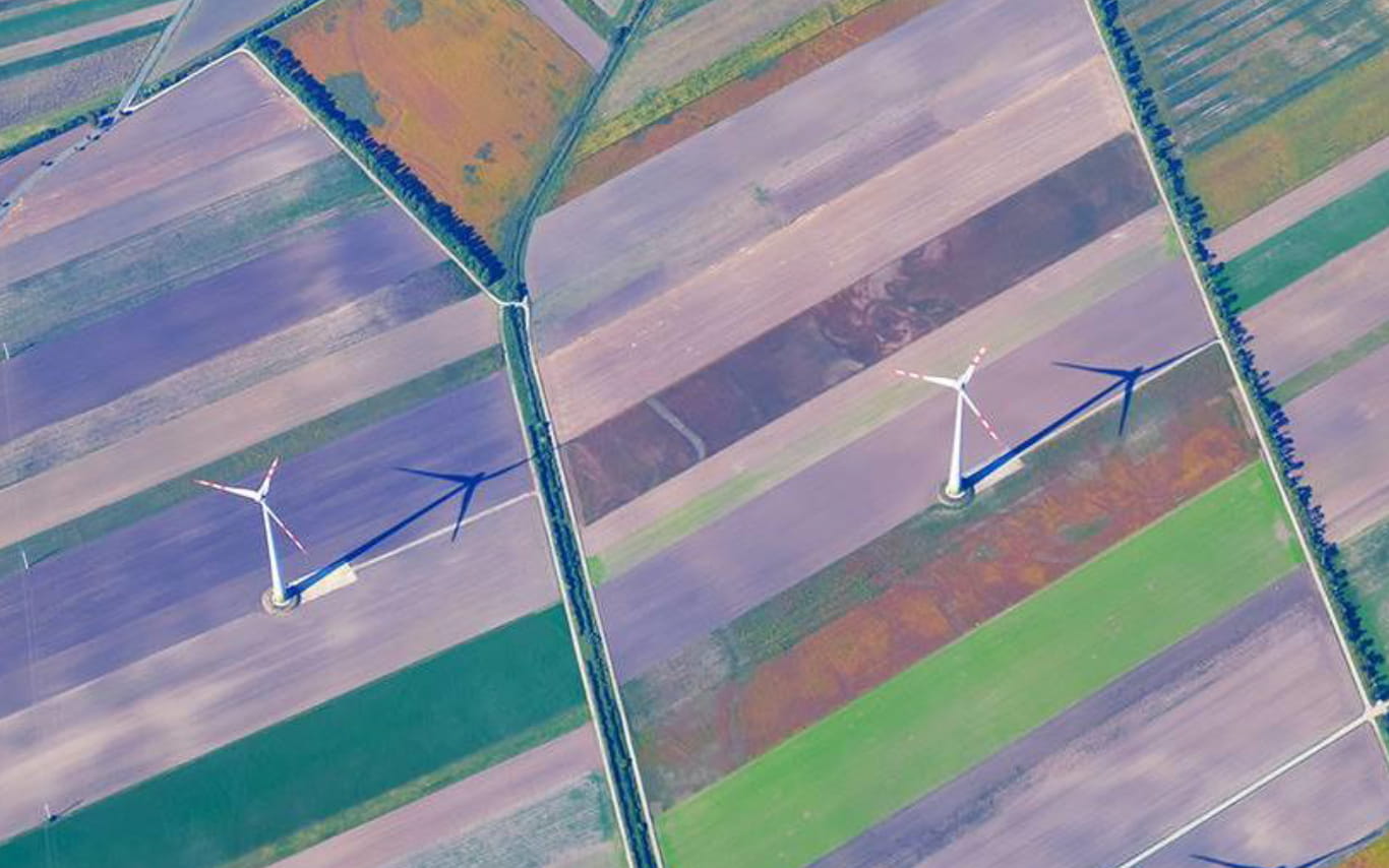 Aerial view of wind turbines in the countryside