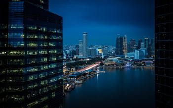 The Singapore skyline illuminated at night