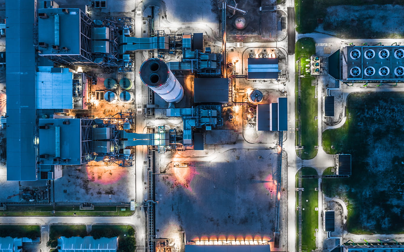 Aerial view power plant architecture building, Combined cycle power plant electricity generating station industry background.