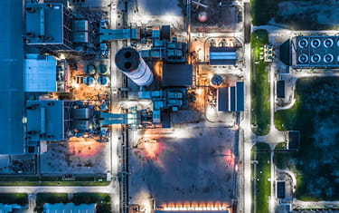 Aerial view power plant architecture building, Combined cycle power plant electricity generating station industry background.