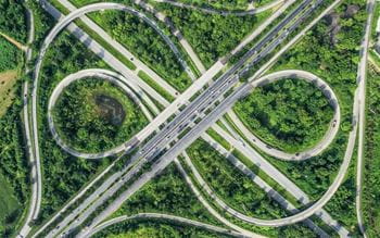 Aerial view of a spiralling road network