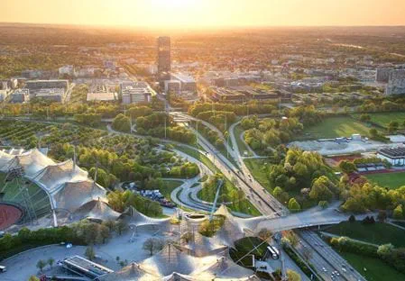 An aerial view of Munich at sunset
