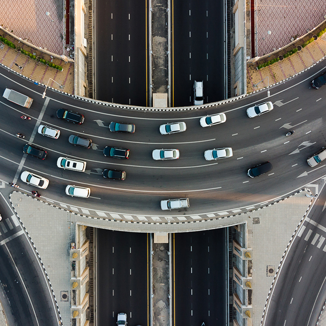 Aerial view of a busy road intersection