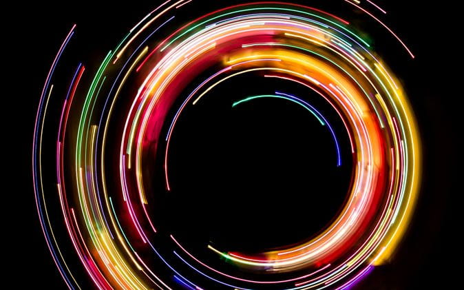 Multi-coloured LED lights spiralling in a circle