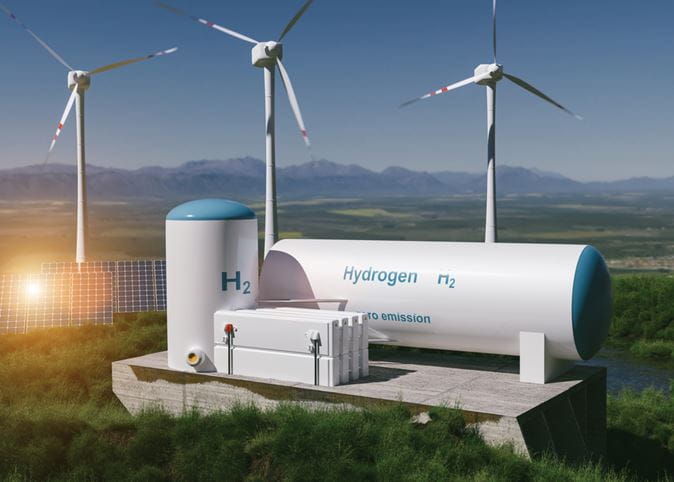 A large hydrogen tank and wind turbines against a blue sky