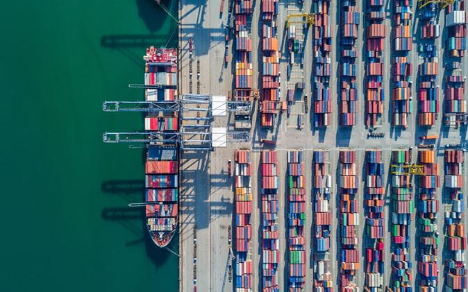 Birds eye view of storage containers at docks