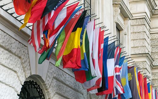 Image of flags hanging on a building