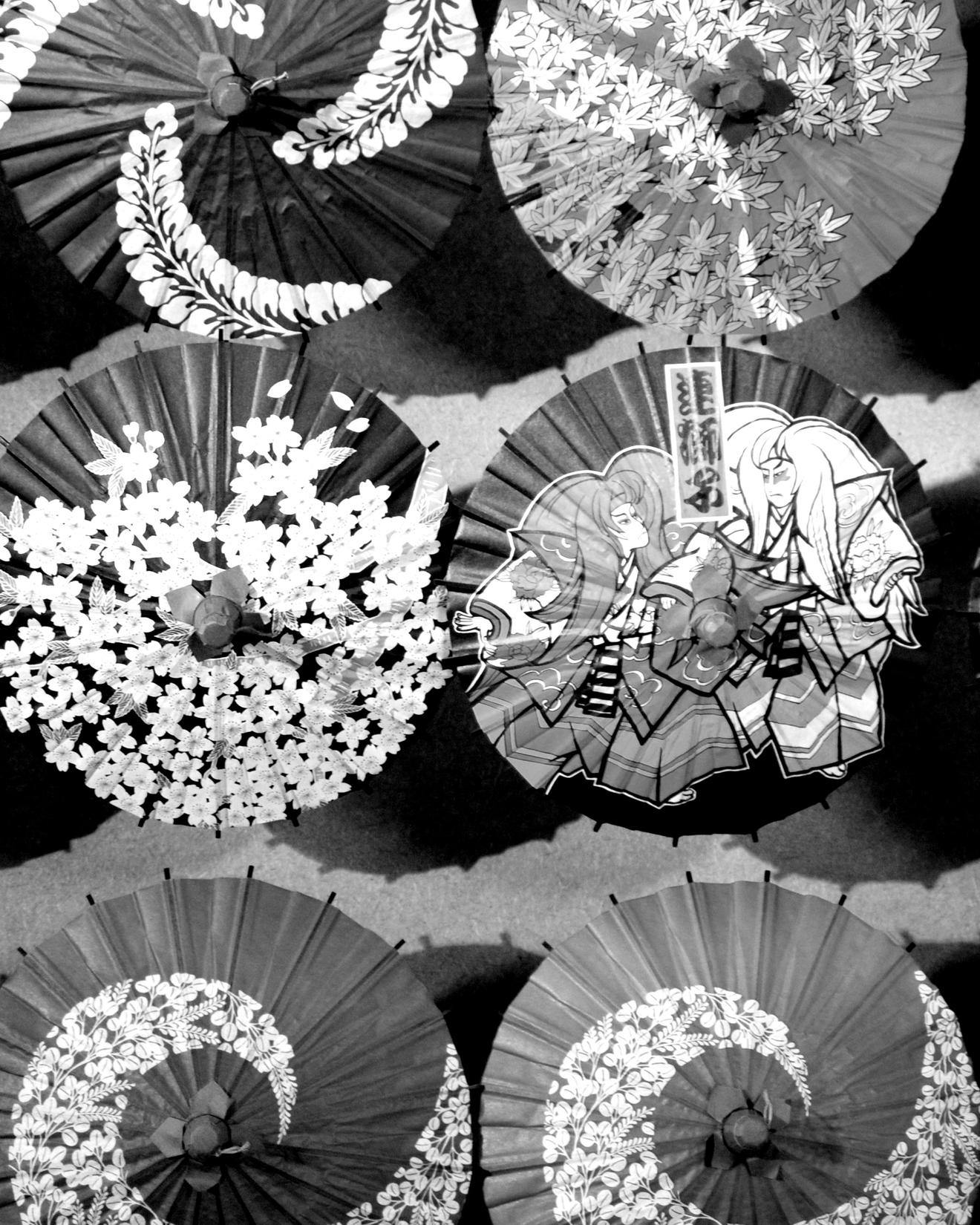 Black and white image of decorative Wagasa or umbrellas in Japan
