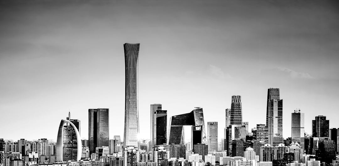 black and white skyline view of Beijing city