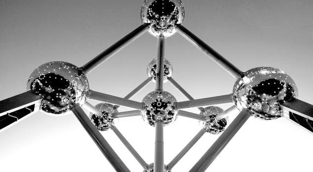 A closeup of The Atomium sculpture in Parc des Expositions in Brussels