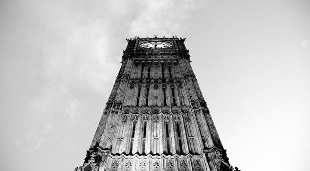  looking up at the Big Ben clock tower against clear sky
